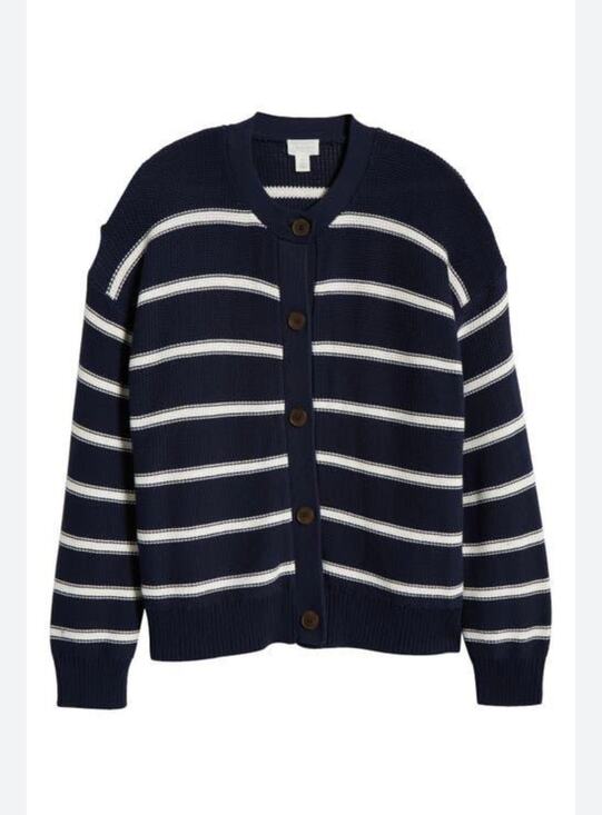 Caslon Sweaters - Caslon Stripe Pima Cotton Cardigan - Blue White - XL (New)